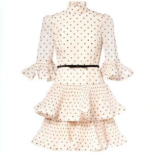 Zimmermann Polka Dot Pleated Sleeved Mini Dress in Cream/Black - Size US 6 (NWT)